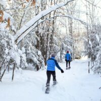 A couple going snowshoeing in the woods