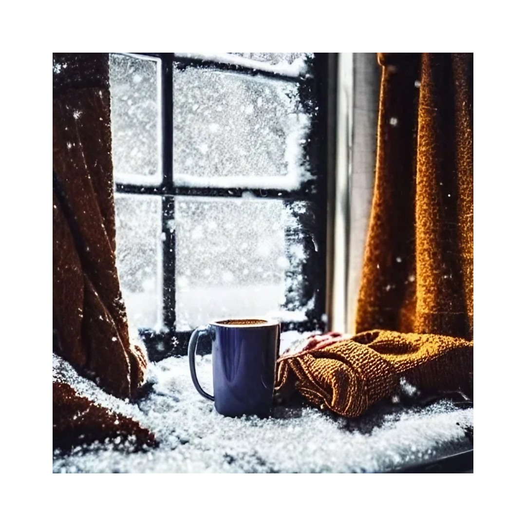 window with snow and a cup fo coffee and blanket