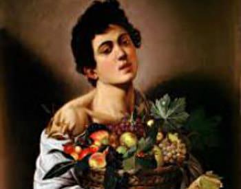 Renaissance styled painting of a woman in a white dress holding a basket of fruit