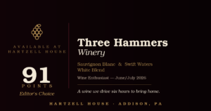 black card that says three hammers winery available at hartzell house